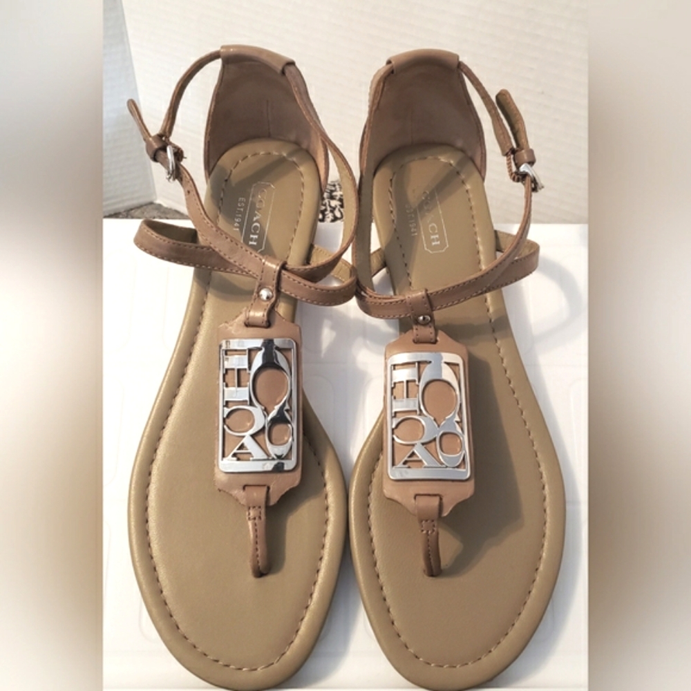 COACH Sandals Odele Tan Silver Logo Size 38 US 7 1/2 Classy